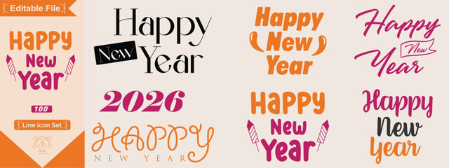 Happy new year typography signs. Vector Lettering Compositions collection. Set of Holiday design for greeting card. Elegant happy new year script calligraphy vector bundle. © SkAshik