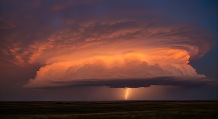 Fototapeta premium A Meteorological Day Unfolds with a Majestic Thunderstorm Cloud Formation over a Vast Landscape at Sunset with Lightning