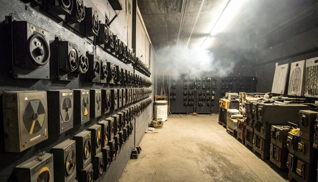 Meticulously organized Geiger counters, dosimeters, and radiation monitoring equipment lining a wall in a dimly lit industrial facility with rising smoke, hinting at a critical situation.