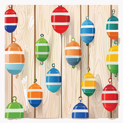 Colorful buoys artfully arranged on a wooden background with overhead lighting © Fatirah
