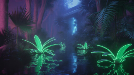 Obraz premium Mysterious neon glowing jungle plants illuminate a dark swamp water surface with electric blue energy emanating from a hidden archway structure in the distance.