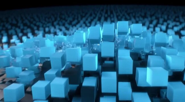 Abstract blue and black 3D cubes moving in a grid pattern for technology and data concept background