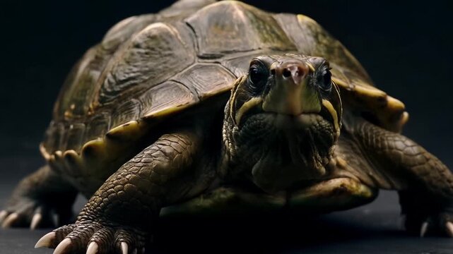 Tortoise Walking Forward on Black Background Close Up on Shell and Legs Cinematic Motion
