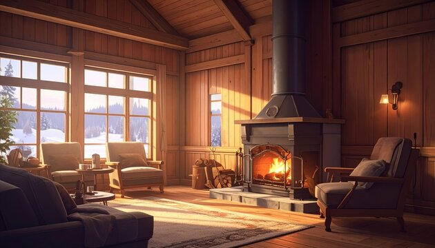 A Cozy Log Cabin Interior with a Burning Fireplace, Offering Warmth and Comfort Amidst a Winter Scene