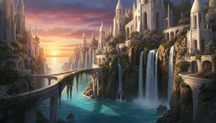 Naklejka premium Enchanting Palace: A breathtaking panorama unfolds as a majestic palace graces a high cliff, overlooking the gentle cascades of waterfalls and a serene, sunlit lake. A bridge spans the waters.