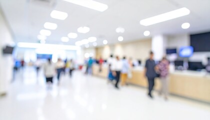 Fototapeta premium Blurred scene of a busy hospital reception area with patients and staff.