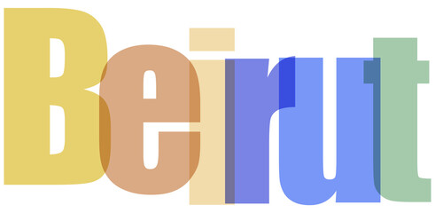 Beirut text in colorful overlapping transparent letters, modern typography design for graphic resources, travel, or cultural themes on white background © Stocker Man
