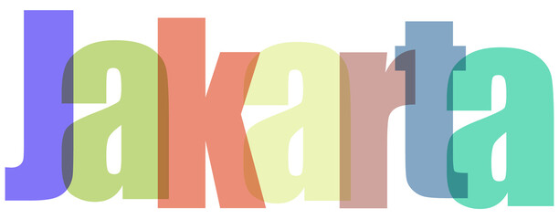 Colorful overlapping text spelling 'Jakarta' with translucent letters in blue, green, red, yellow, and teal, creating a modern graphic design element for travel or city themes © Stocker Man