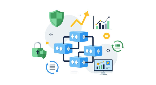 Secure Blockchain Network Diagram. Distributed Ledger Technology (DLT) with Data Security, Financial Analysis, and Synchronization Illustration.