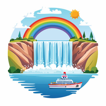 Colorful illustration of a scenic waterfall with a rainbow and a boat