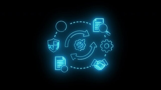 Glowing blue flowchart diagram with icons and arrows on a black background, conveying a process or workflow.