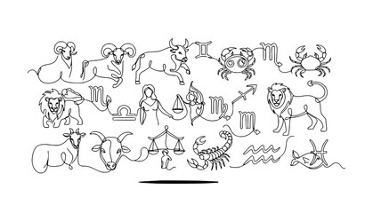 Fototapeta premium Continuous line zodiac symbols astrology constellation minimalist vector illustration