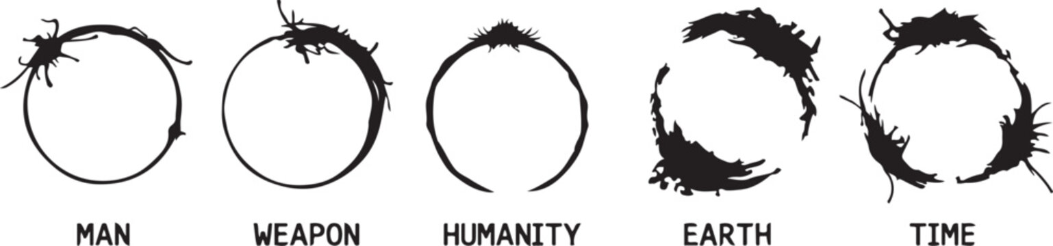 Abstract Ink Splatter Circle Vector Illustration Set with Conceptual Symbols for Man Weapon Humanity Earth and Time Minimalist Zen Heptapod Style Logogram Graphics for Creative Design Projects.