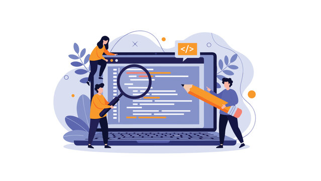 Team of small developers working on a giant laptop screen with code lines to build and debug a new software or website application.