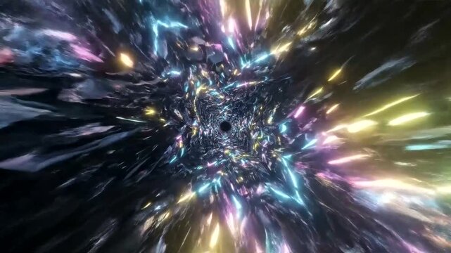 Abstract Hyperspace Travel Through a Colorful Wormhole in Deep Space, Futuristic Interstellar Journey.