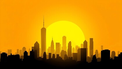 Fototapeta premium City skyline silhouette against yellow background with overlaid data graph, development, skyscrapers