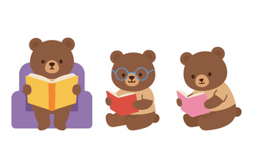 Obraz premium Collection of adorable bear characters reading books on sofa and with glasses flat vector