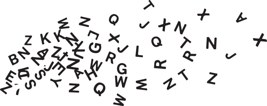 A collection of scattered black alphabet letters on a plain white background in a random layout.