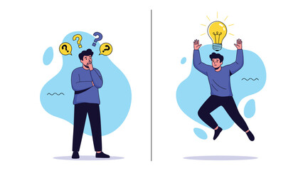 Split screen showing a man thinking with question marks and another man jumping for joy with a bright light bulb idea above him.