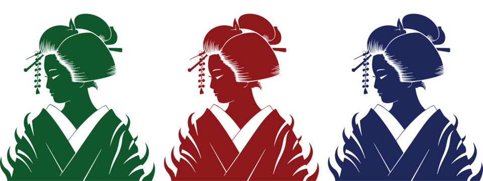 Set of Elegant Oriental Woman Profiles with Traditional Hair Ornaments