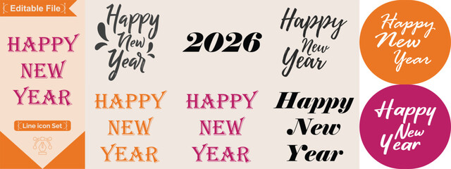 Happy new year typography signs. Vector Lettering Compositions collection. Set of Holiday design for greeting card. Elegant happy new year script calligraphy vector bundle. © SkAshik