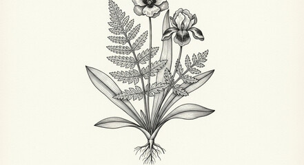 Botanical illustration of a fern and iris flower with roots. © Madi