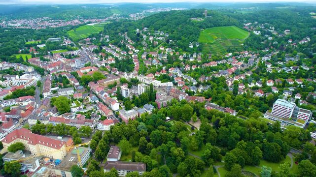 Aerial view above the old town of the city Durlach beside Karlsruhe on a cloudy noon in spring in Germany, Baden-W&uuml;rttemberg.