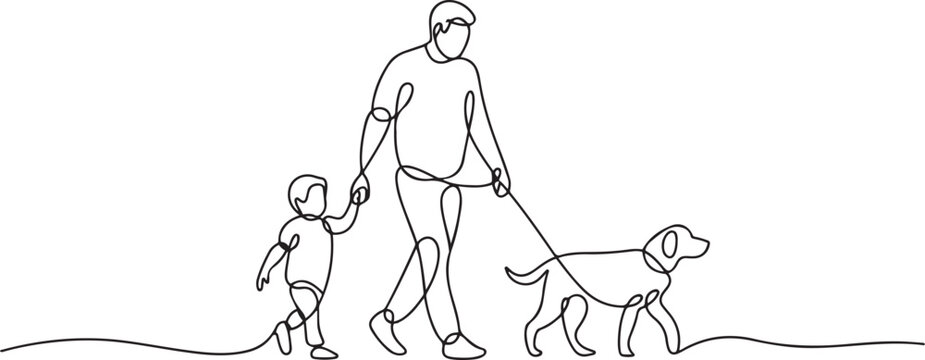 continuous single drawn one line of dad with child and dog hand-drawn picture silhouette. Line art. a man on a walk with his son and a dog. one line Icon drawing