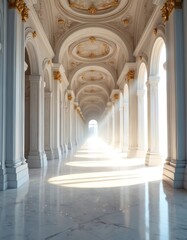 Fototapeta premium Ornate white hallway with arches and columns. Bright sunlit passage gleams on marble floor. Grand interior perspective leads to distant window with soft light.