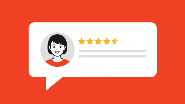 Customer testimonial and positive feedback rating with five gold stars and woman avatar on bright red background.