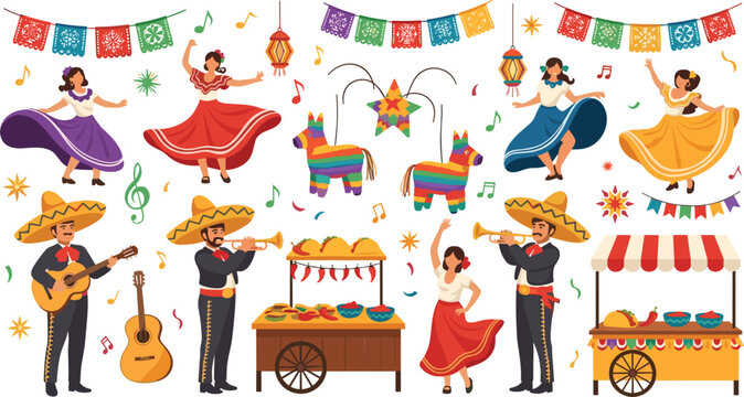 Mexican Fiesta Celebration Vector Illustration Set with Mariachi Musicians, Dancers, Pinata, Food Stall and Traditional Festival Decorations