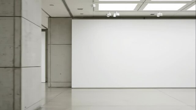 A minimalist art gallery interior with white walls and concrete pillars