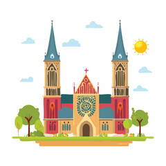 Obraz premium Colorful vector illustration of a cathedral with towers against a sunny sky