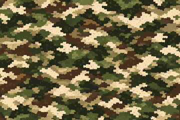 Seamless Pixelated Military Camouflage Pattern Vector Illustration. Digital Woodland Camo Background for Tactical Gear, Army Uniforms, Hunting Apparel, and Outdoor Sports Equipment Design.