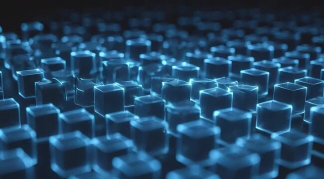 Blue glowing digital cubes representing big data blockchain and futuristic technology background for corporate presentations