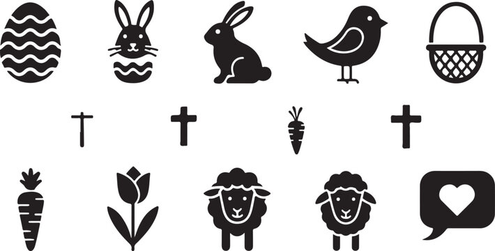 Easter icons, black, 12 symbols, vector set, religious and festive elements isolated on Transparent Background