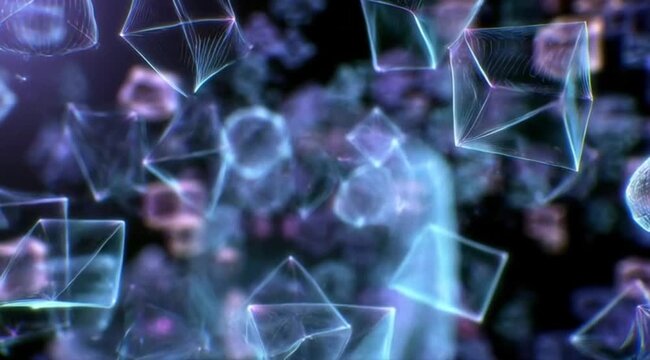 Floating 3d geometric cubes and pyramids with glowing neon purple and blue holographic wireframes in dark digital space
