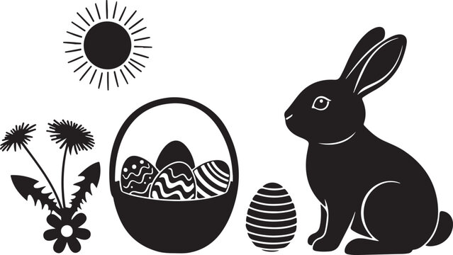 Easter icon set with bunny, eggs, and flowers vector isolated on Transparent Background