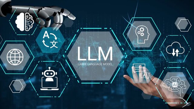 Futuristic Interface Displaying Large Language Model Concepts with Robotic Hands and AI Symbols on High-Tech Background Gluon.