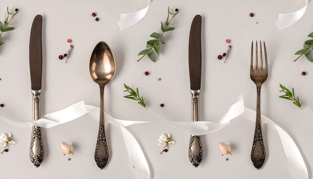 Elegant table setting featuring antique silver cutlery, botanical elements, and flowing white ribbon on a light backdrop