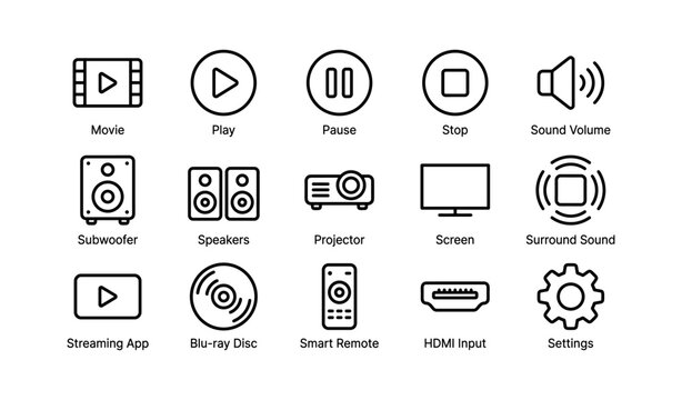 Home theater icon set: media control and sound system symbols