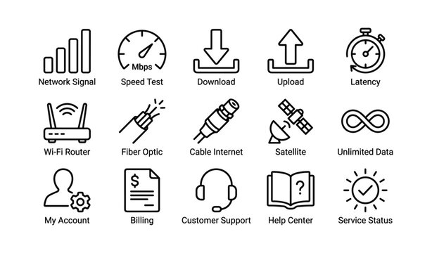 Network and internet service icons including router, speed test, and fiber optic cable
