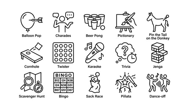 Fun party games: charades, beer pong, pictionary, karaoke, scavenger hunt, jenga
