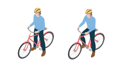 Fototapeta premium Isometric Cyclist Standing with Red Bicycle and Yellow Helmet Isolated on White Background