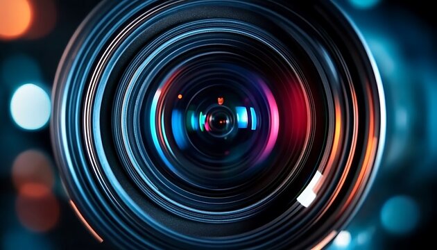 Camera lens aperture reflecting colorful lights close up professional photography gear