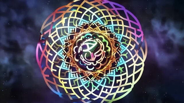 A mesmerizing firefly mandala loops in a vibrant, intricate pattern against a starry night sky with celestial bodies.