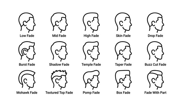 Diverse men's fade haircuts illustrated with side profile icons