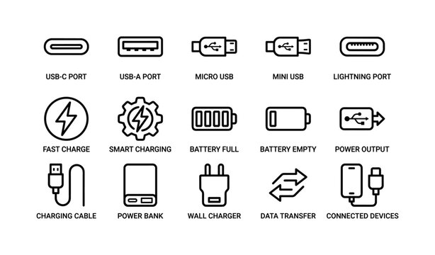 Various usb port types and charging symbols for modern devices