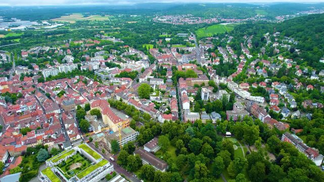 Aerial panoramic view of the old town city Durlach on a sunny  noon in spring in Germany.
