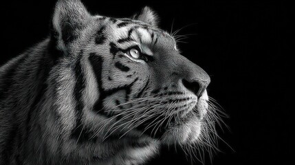 Obraz premium Majestic tiger head in profile, captured in dramatic black and white against a dark background, showcasing its powerful gaze and intricate stripe patterns.